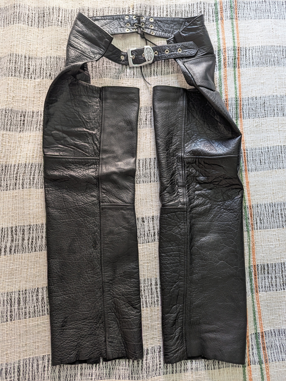 Unik Black Leather Motorcycle Chaps with Lace-Up Belt